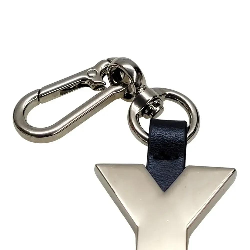 YSL Yves Saint Laurent Parfums Y Logo Silver Metal Leather Key Ring Bag Charm